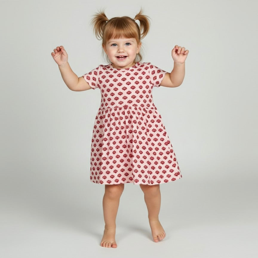 Toddler Short-Sleeve Cotton Dress | 18M, 2T, 3T | Indian Red & Pink 3T