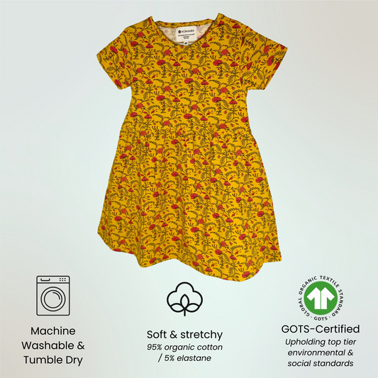 Toddler Short-Sleeve Cotton Dress | 18M, 2T, 3T | Basanti Sunshine Yellow