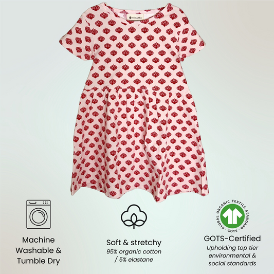Toddler Short-Sleeve Cotton Dress | 18M, 2T, 3T | Gulabi Bloom in Red & Pink