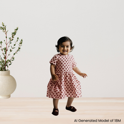 Toddler Short-Sleeve Cotton Dress | 18M, 2T, 3T | Gulabi Bloom in Red & Pink